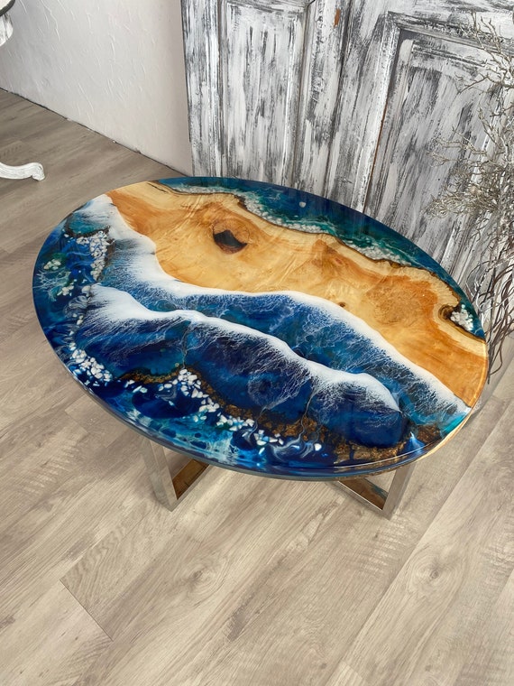 Round Epoxy Resin Coffee Table - Beach Pattern